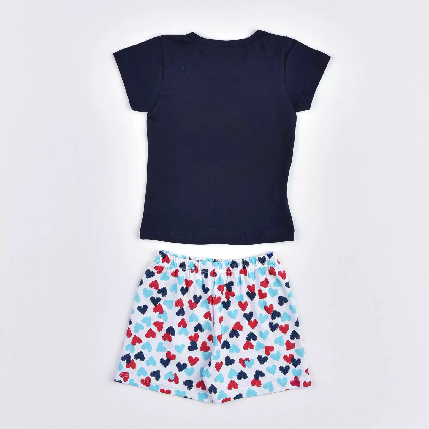 Pijama de Verão Infantil Feminino Blusa Marinho Gatinho e Short Branco Coração