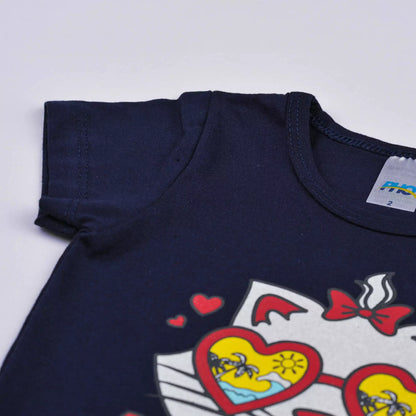 Pijama de Verão Infantil Feminino Blusa Marinho Gatinho e Short Branco Coração