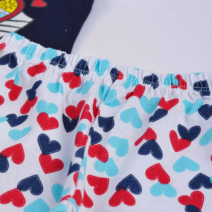 Pijama de Verão Infantil Feminino Blusa Marinho Gatinho e Short Branco Coração