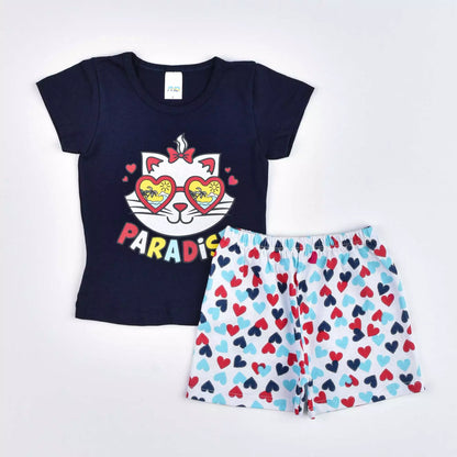 Pijama de Verão Infantil Feminino Blusa Marinho Gatinho e Short Branco Coração