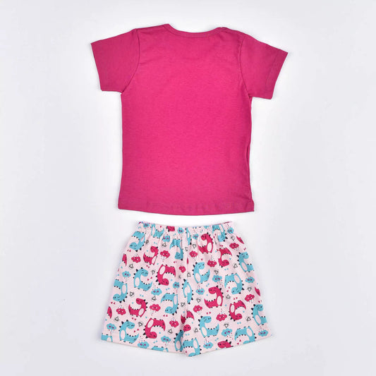 Pijama de Verão Infantil Feminino Blusa Pink Dinossauro e Short Rosa