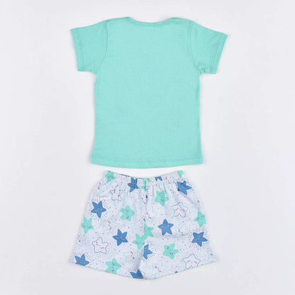 Pijama de Verão Infantil Feminino Blusa Verde Patins e Short Branco Estrela