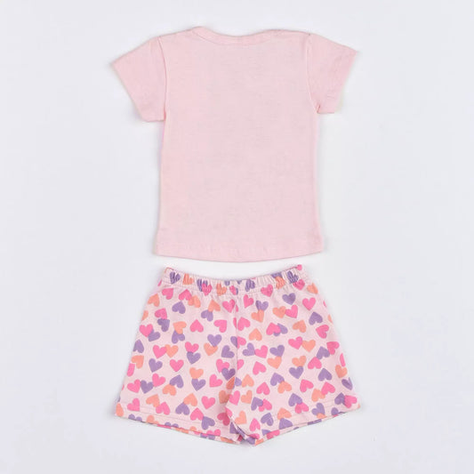 Pijama de Verão para Bebê Menina Blusa Rosa Coração e Short Estampado