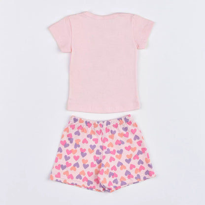 Pijama de Verão para Bebê Menina Blusa Rosa Coração e Short Estampado