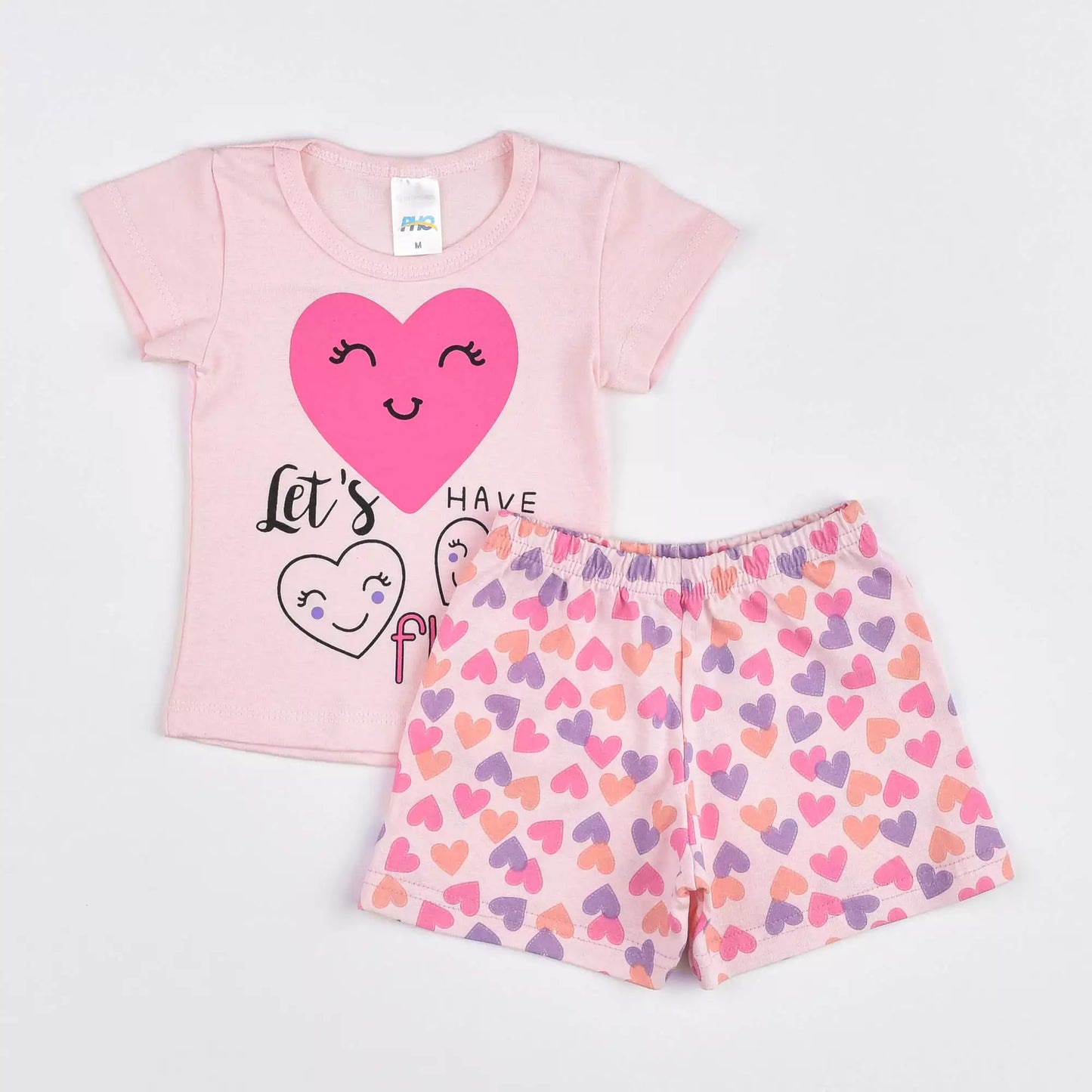 Pijama de Verão para Bebê Menina Blusa Rosa Coração e Short Estampado