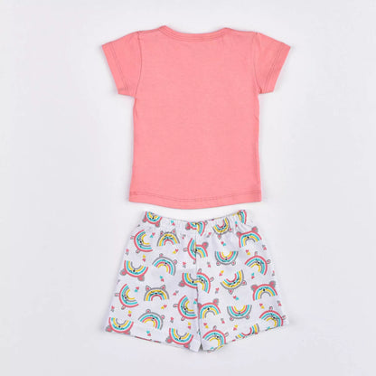 Pijama de Verão para Bebê Menina Blusa Salmão Arco-íris e Short Estampado