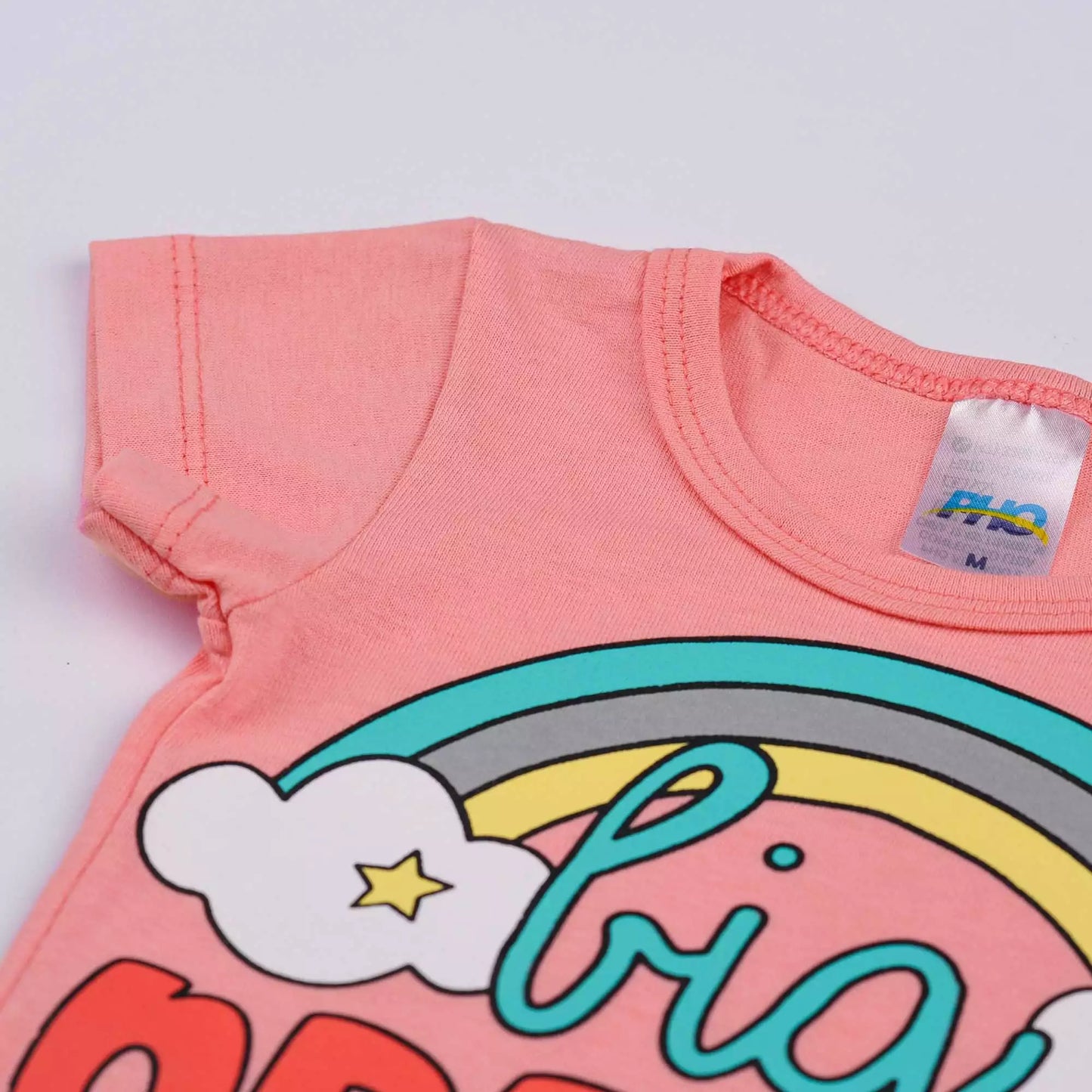 Pijama de Verão para Bebê Menina Blusa Salmão Arco-íris e Short Estampado