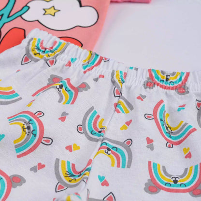 Pijama de Verão para Bebê Menina Blusa Salmão Arco-íris e Short Estampado