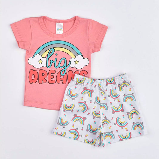 Pijama de Verão para Bebê Menina Blusa Salmão Arco-íris e Short Estampado