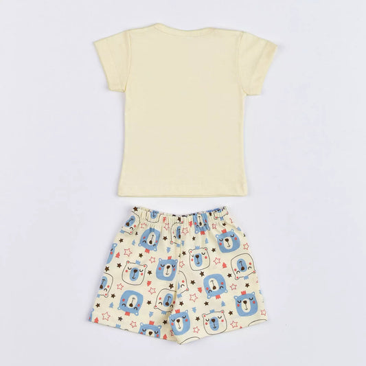 Pijama de Verão para Bebê Menino Blusa Marfim Ursinho e Short Estampado