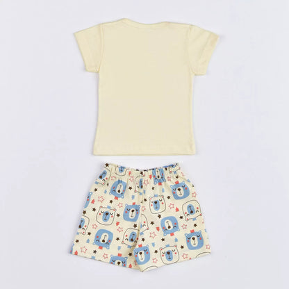 Pijama de Verão para Bebê Menino Blusa Marfim Ursinho e Short Estampado