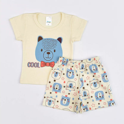Pijama de Verão para Bebê Menino Blusa Marfim Ursinho e Short Estampado