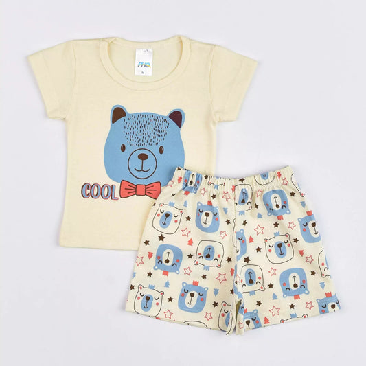 Pijama de Verão para Bebê Menino Blusa Marfim Ursinho e Short Estampado