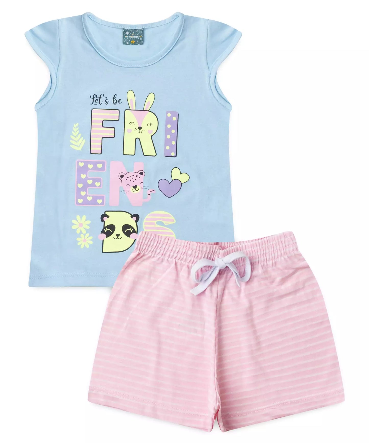 Pijama de Verão para Menina Amizade Colorida Azul