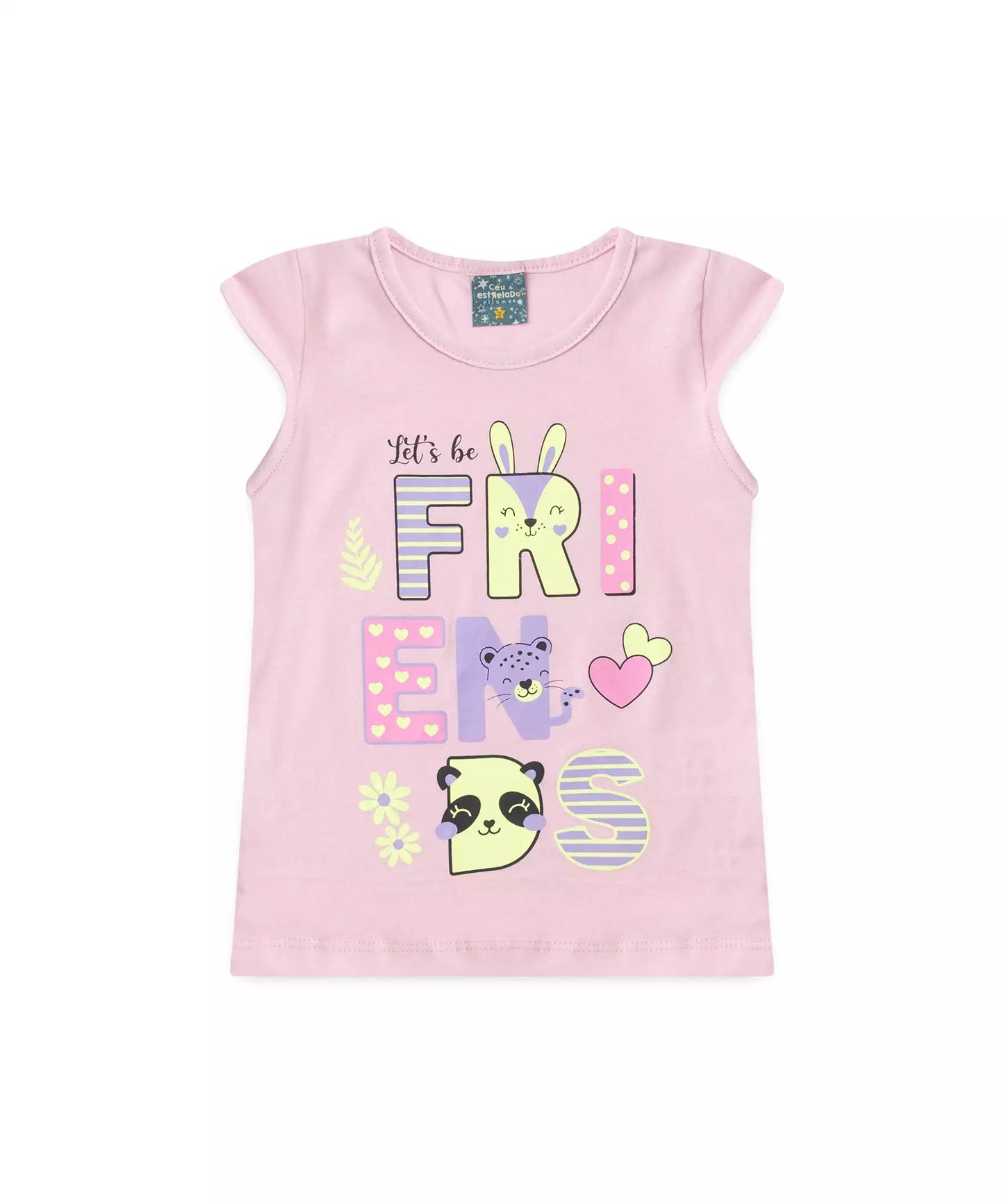 Pijama de Verão para Menina Amizade Colorida Rosa