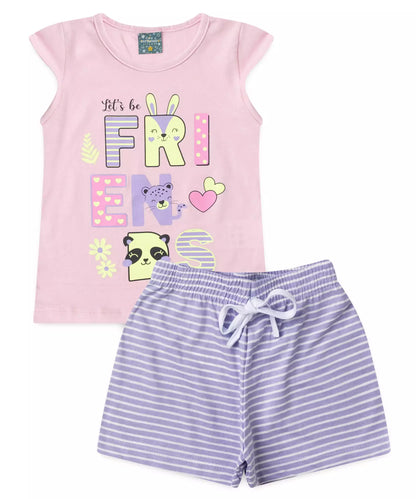 Pijama de Verão para Menina Amizade Colorida Rosa