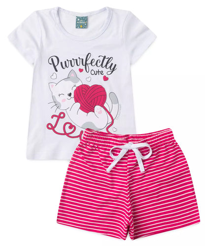 Pijama de Verão para Menina Gatinha Fofa Branco