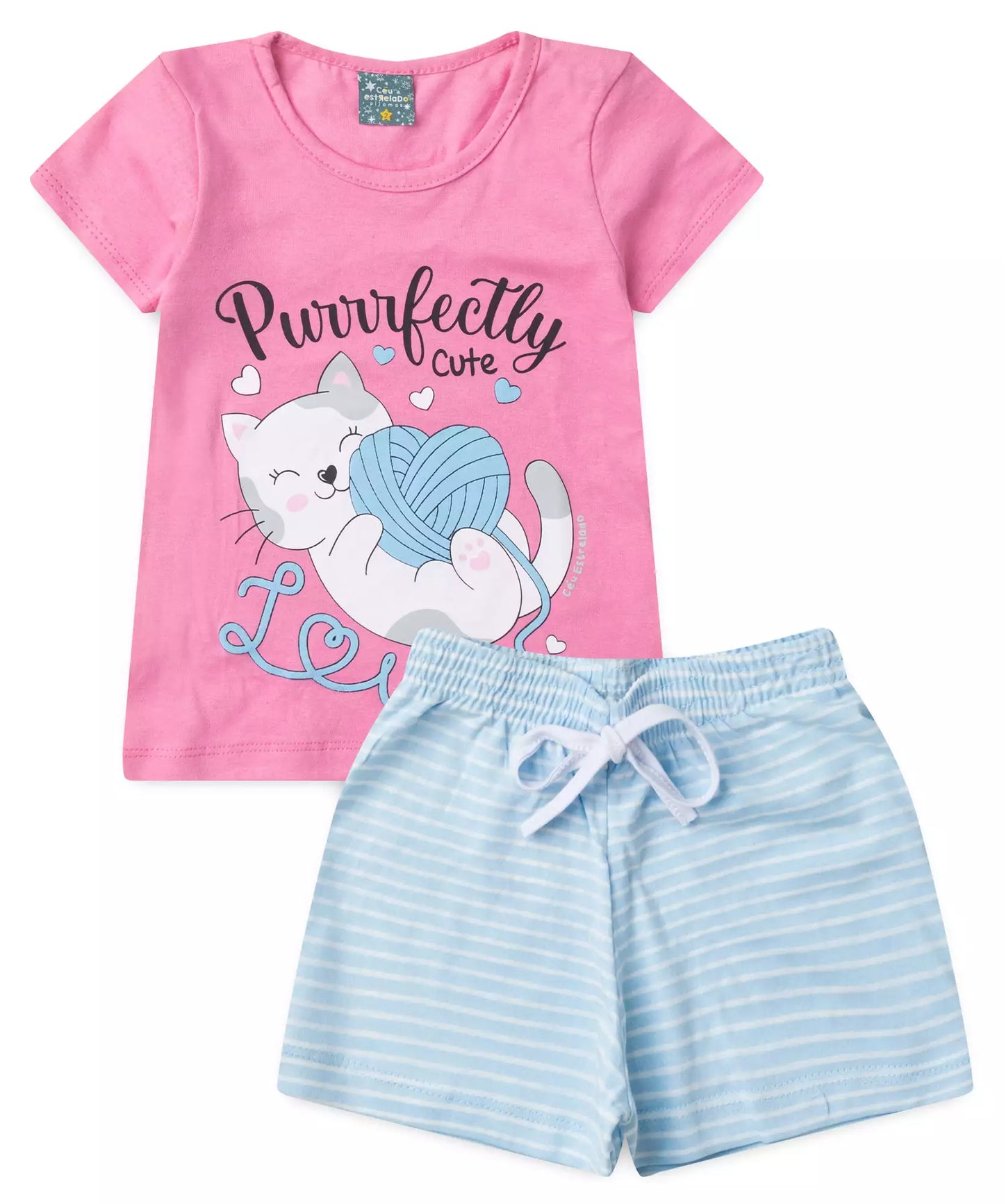 Pijama de Verão para Menina Gatinha Fofa Rosa