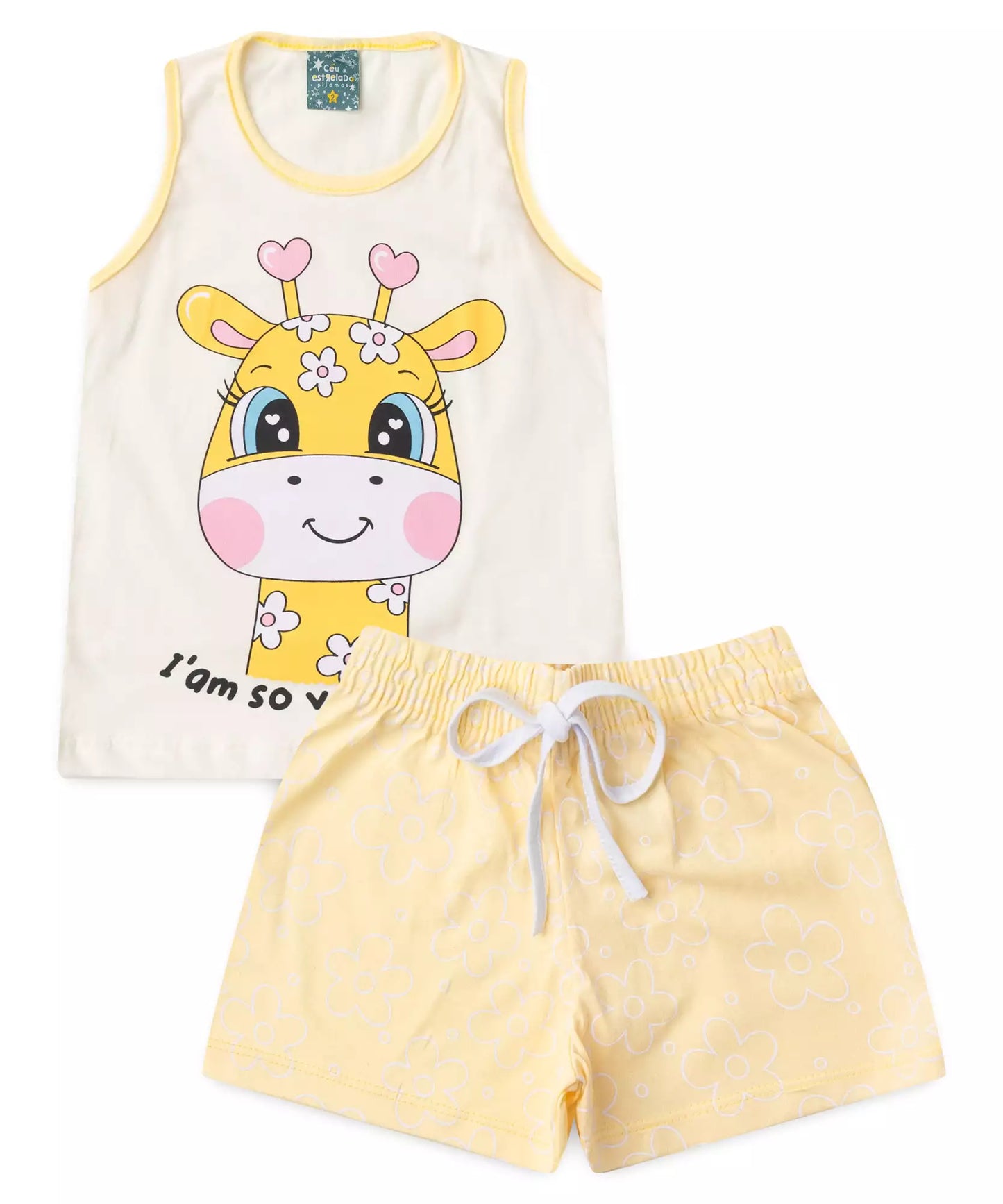 Pijama de Verão para Menina Girafinha Fofa Amarelo