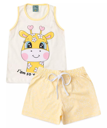 Pijama de Verão para Menina Girafinha Fofa Amarelo