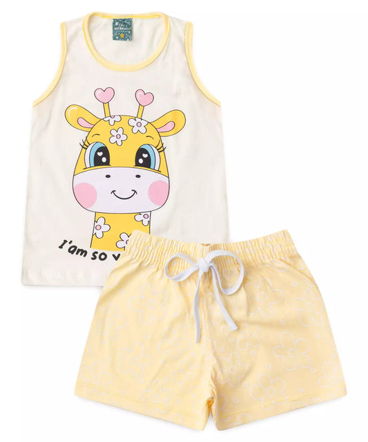 Pijama de Verão para Menina Girafinha Fofa Amarelo
