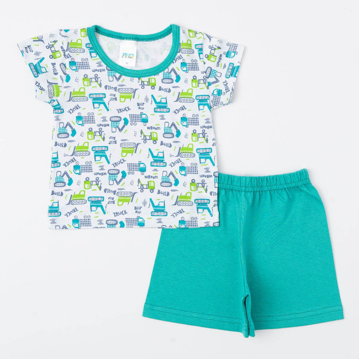 Pijama de Verão para Bebê Menino Blusa Trator e Short Verde