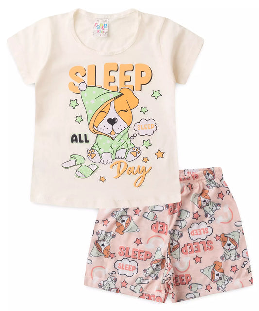 Pijama de Verão Infantil Feminino Cachorrinho Marfim