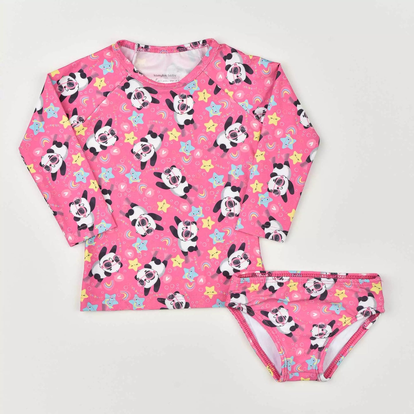 Roupa de Banho para Bebê Blusa Pink com Proteção UV e Calcinha Panda