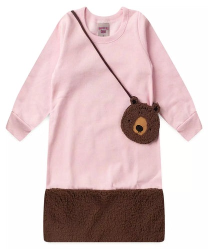 Vestido Infantil de Inverno com Bolsa de Ursinho Rosa
