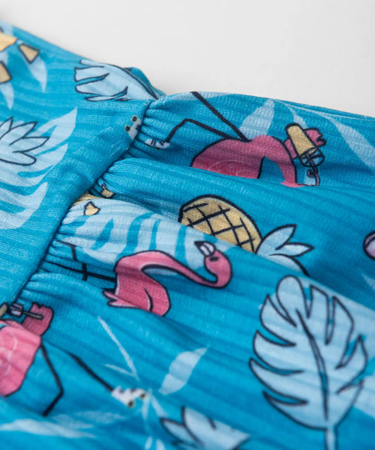Vestido Infantil Verão Estampa Flamingo Tropical Azul