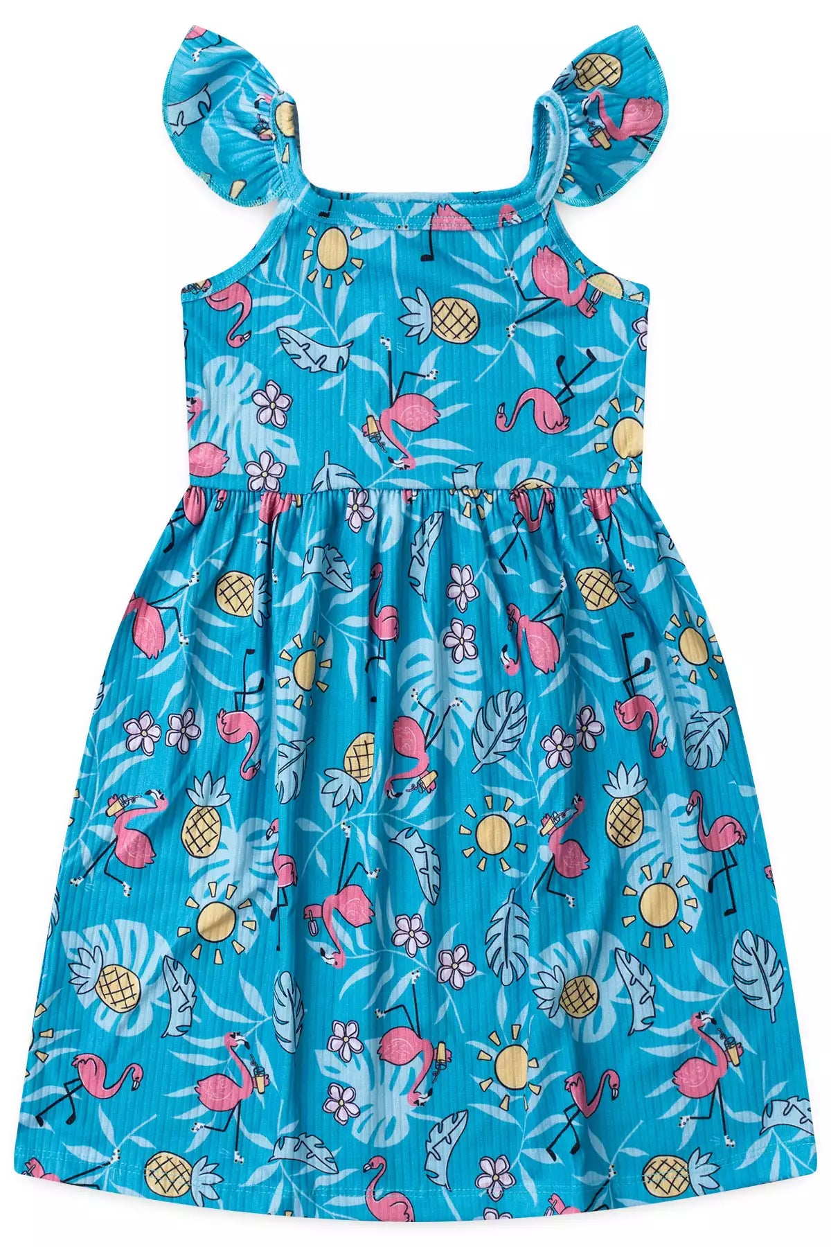 Vestido Infantil Verão Estampa Flamingo Tropical Azul