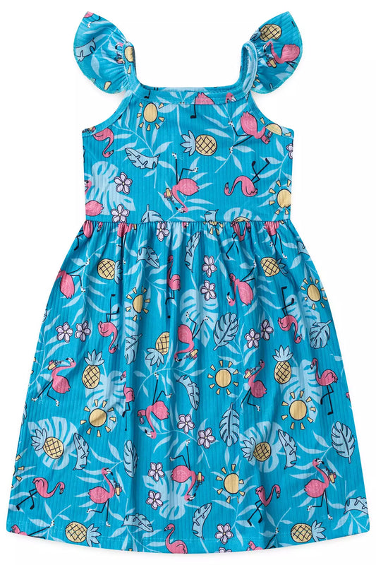 Vestido Infantil Verão Estampa Flamingo Tropical Azul