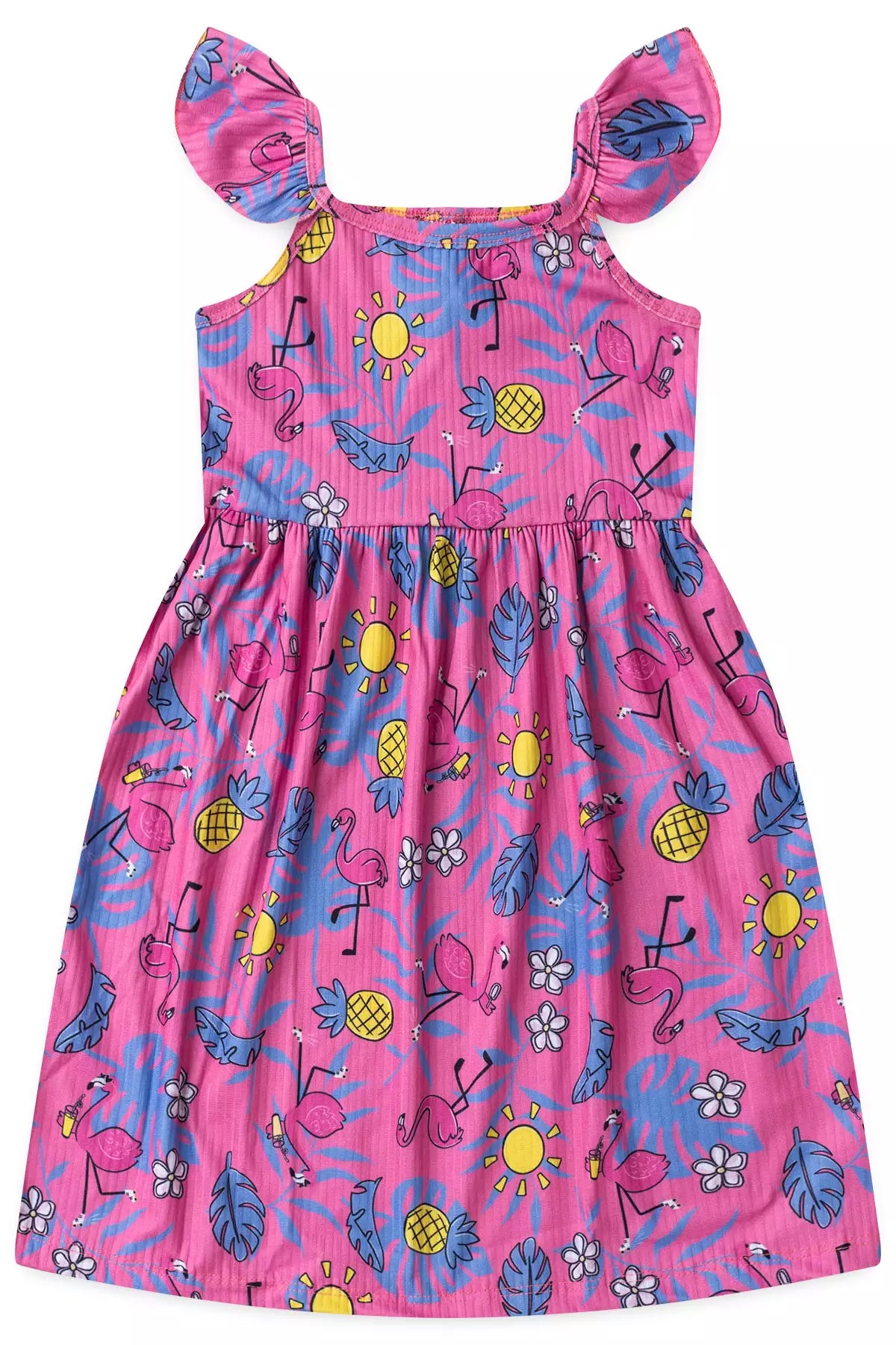Vestido Infantil Verão Estampa Flamingo Tropical Rosa