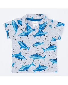 Camiseta Gola Polo Cinza Tubarão para Bebê Menino