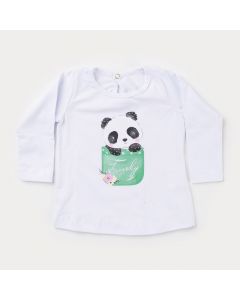 Blusa Manga Longa Branca Panda para Bebê Menina