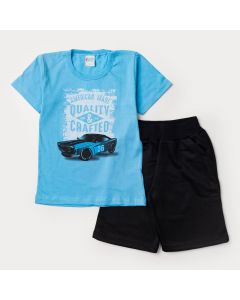 Conjunto de Verão Infantil Masculino Blusa Azul Carro e Short Preto