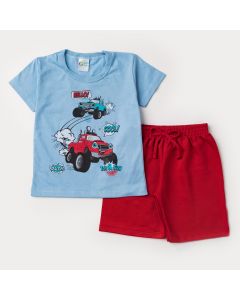 Conjunto de Roupa para Menino Blusa Azul Carros e Short Vermelho