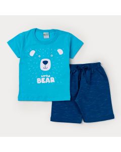 Conjunto de Roupa para Menino Blusa Azul Ursinho e Short Azul em Moletinho