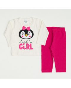 Conjunto Meia Estação Blusa Marfim Pinguim e Legging Pink para Bebê Menina