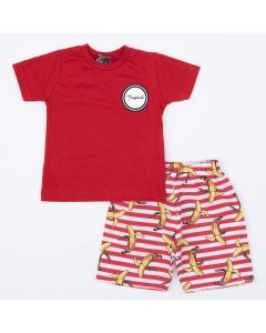 Conjunto de Verão para Bebê Menino Blusa Vermelha e Short Listrado Banana