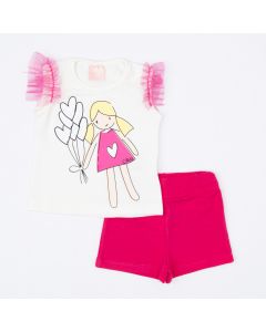 Conjunto de Verão Menina Blusa Marfim Boneca e Short Pink 