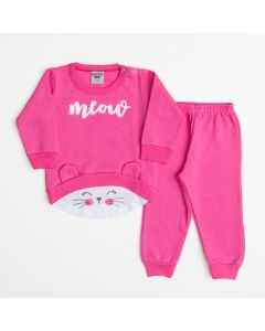 Conjunto de Inverno Pink para Bebê Feminino Casaco Gatinho e Calça Básica