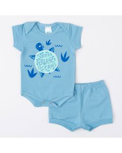 Conjunto Curto para Bebê Menino Azul Short Básico e Body Tartaruga