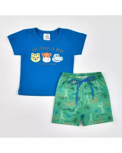 Conjunto para Bebê Menino Verão Blusa Azul Animais e Short Verde Estampado