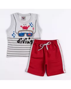 Conjunto para Bebe Menino de Verão Blusa Cinza Siri e Short Vermelho