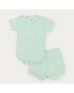 Conjunto Verde em Ribana para Bebê Body Botão Veste Fácil e Short