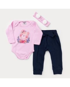 Conjunto Inverno Bebê Menina Body Rosa Urso e Calça Marinho com Faixa de Cabelo