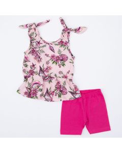 Conjunto de Verão Regata Rosa Floral e Short Ciclista Pink para Menina