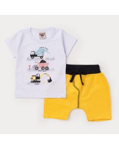 Conjunto Curto para Bebê Menino Blusa Branca Caminhão e Short Amarelo