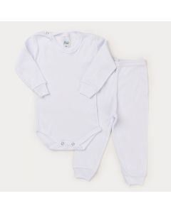 Conjunto Unissex Body e Calça em Ribana Branca para Bebê